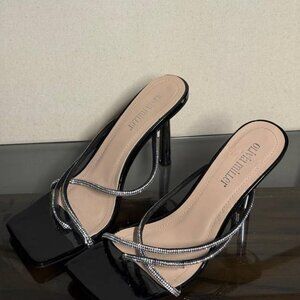 Olivia Miller - Women's Cross Strap Rhinestone Square Toe Sling Sandals (9)